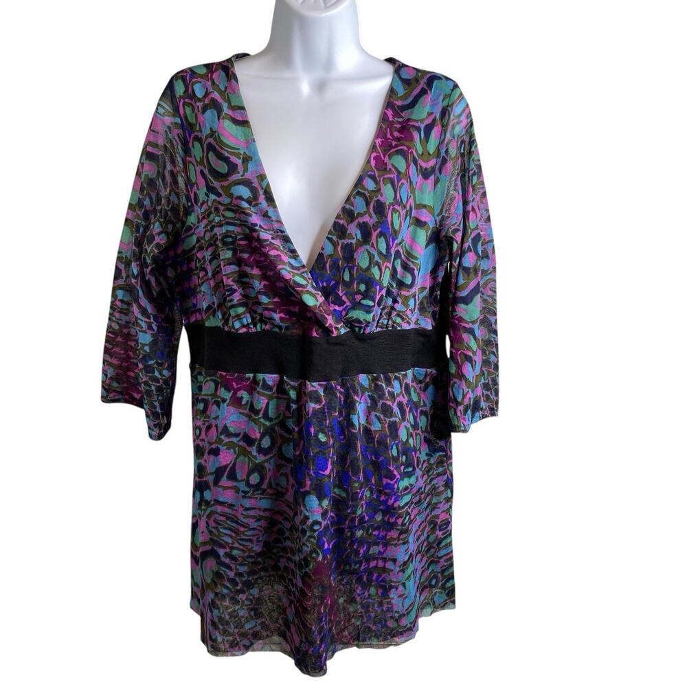 Karen Kane Women's Purple Modern Print V Neck Tunic Top Size 2X Art To Wear Boho